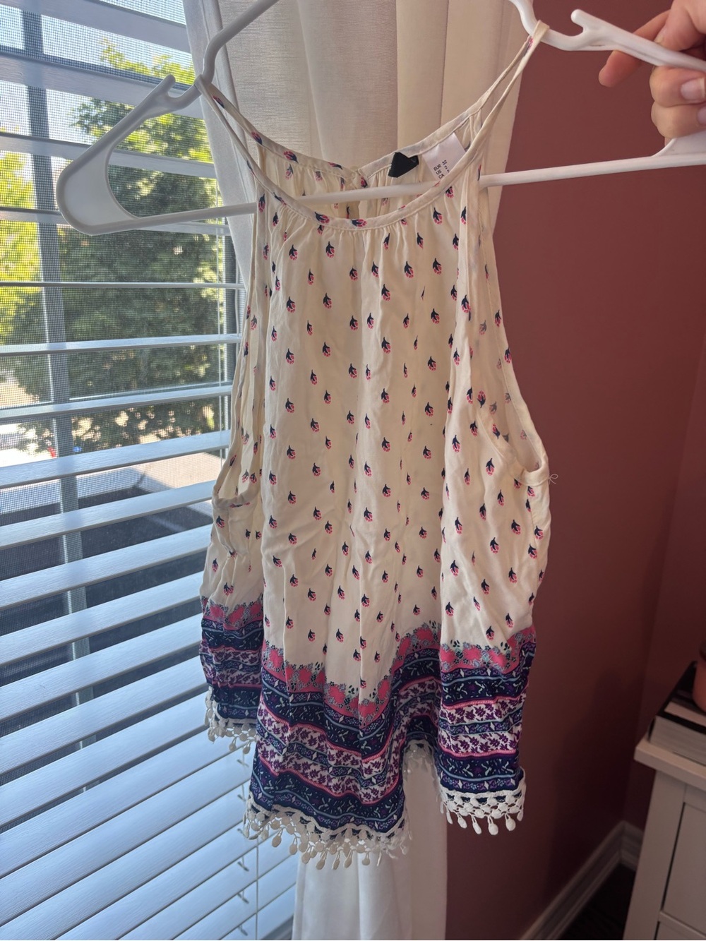 Forever 21 Cream Tank Top with Pink & Navy Border Print